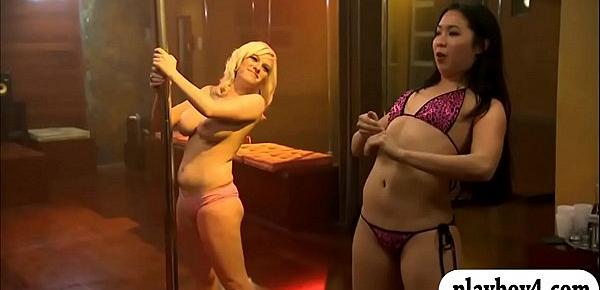  Curvy babes learning pole dancing and teasing with men